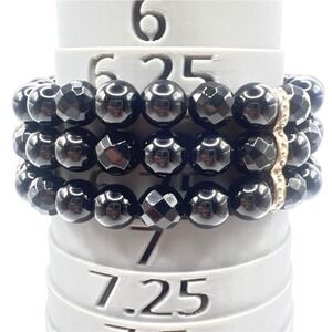 Whitney Kelly Sterling Onyx Bead Bracelet 3‎ Strand Black Faceted Stretch 6.25"